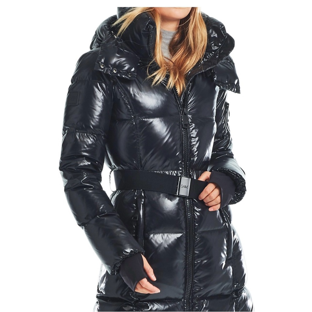 Sam. Noho Belted Down Coat in glossy jet black